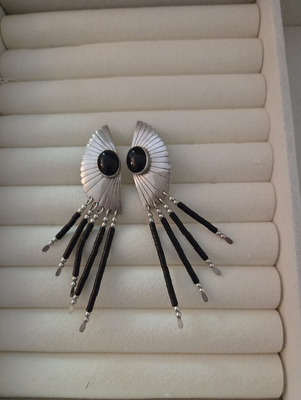 Sterling & Black Onyx Hopi Design Earrings Signed TK Tony Kyasoysie
